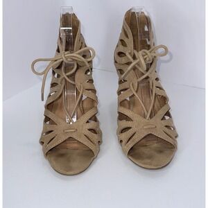 Christian Siriano Stiletto‎ Heel Sandals 8 Tan Caged Lace Up Laser Cut Boho Chic